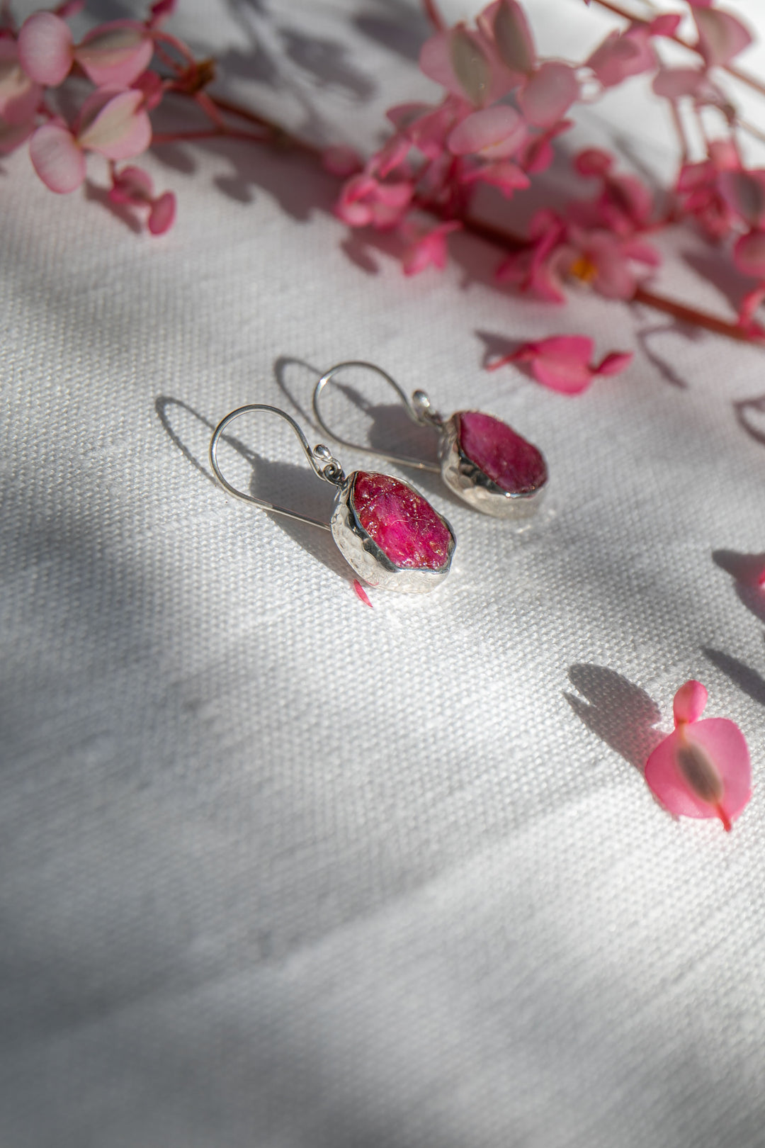 Raw Ruby Earrings in Beaten Sterling Silver