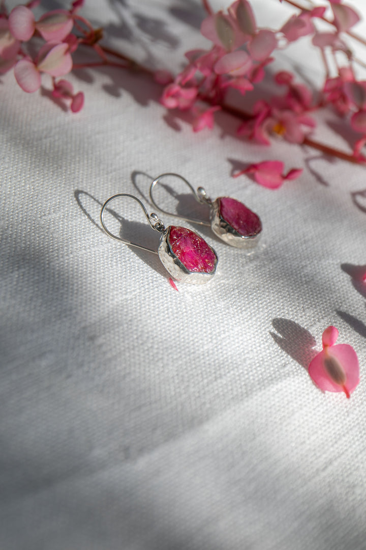 Raw Ruby Earrings in Beaten Sterling Silver