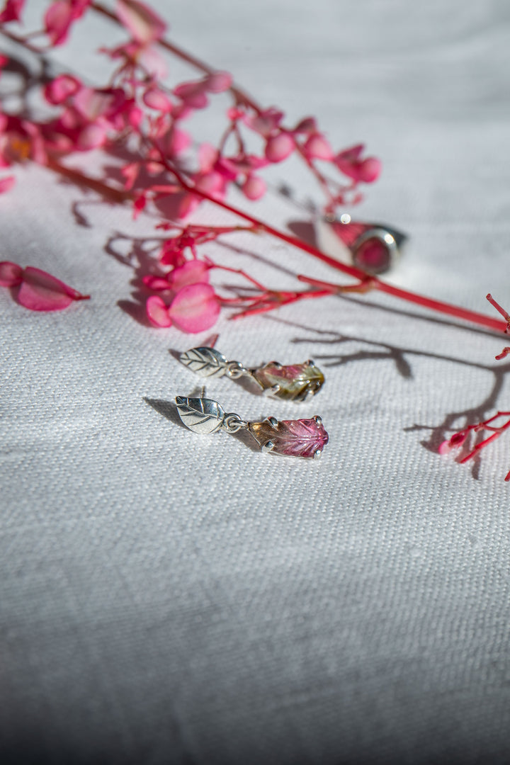 One of a Kind Leaf Carved Watermelon Tourmaline Stud Drop Earrings in Sterling Silver