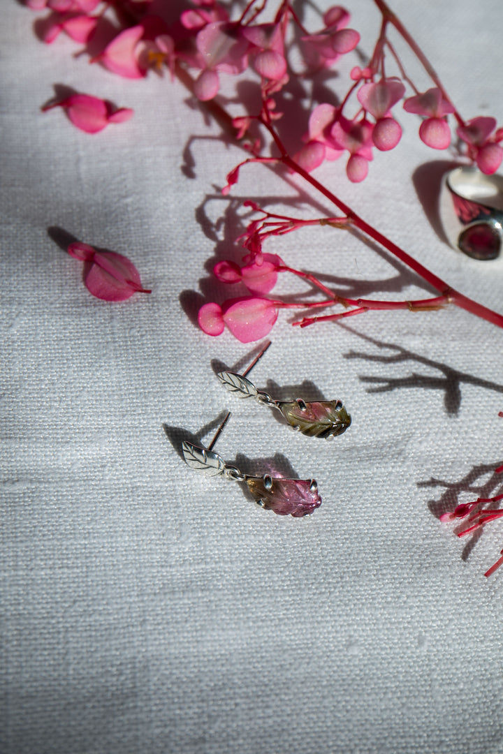One of a Kind Leaf Carved Watermelon Tourmaline Stud Drop Earrings in Sterling Silver