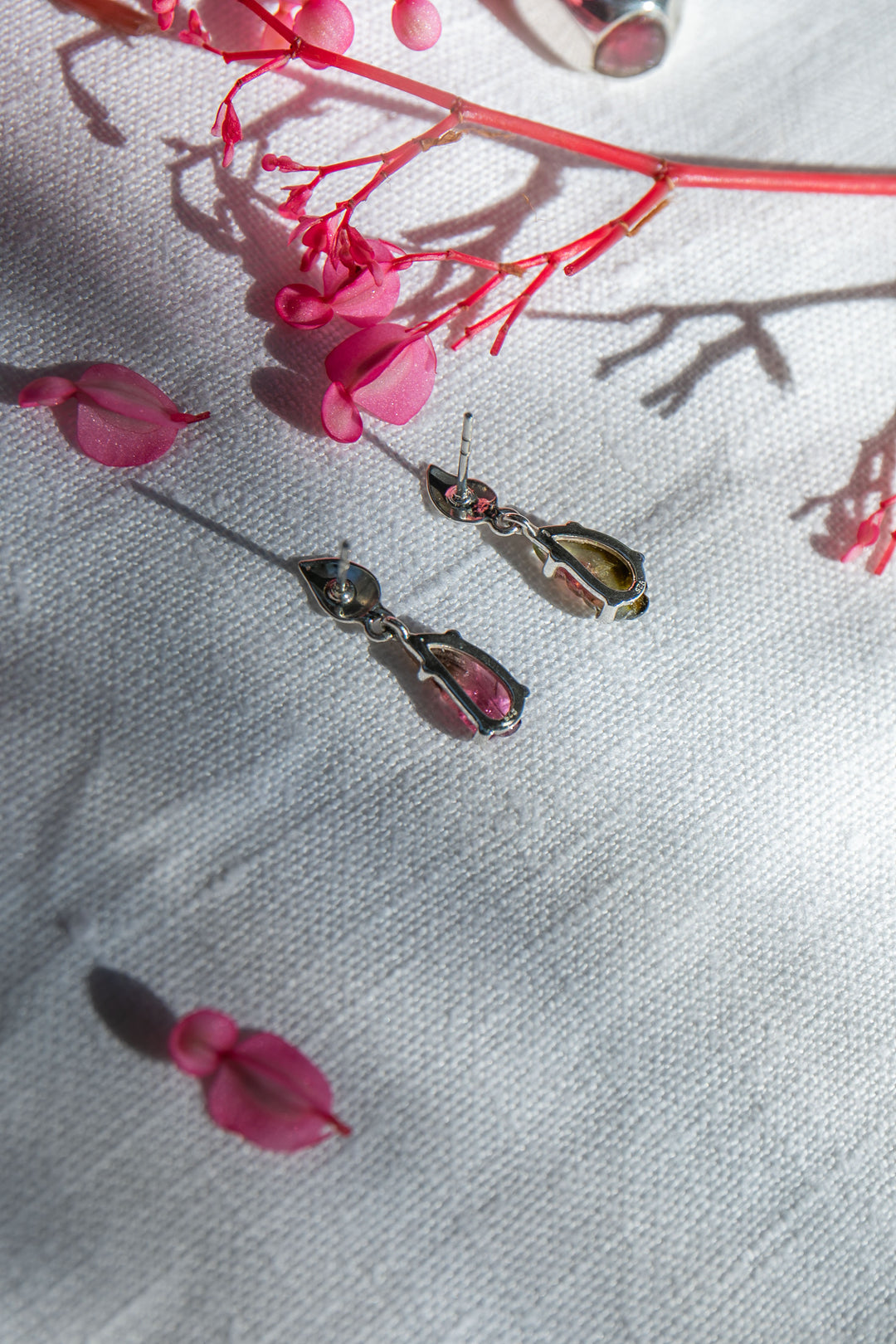 One of a Kind Leaf Carved Watermelon Tourmaline Stud Drop Earrings in Sterling Silver