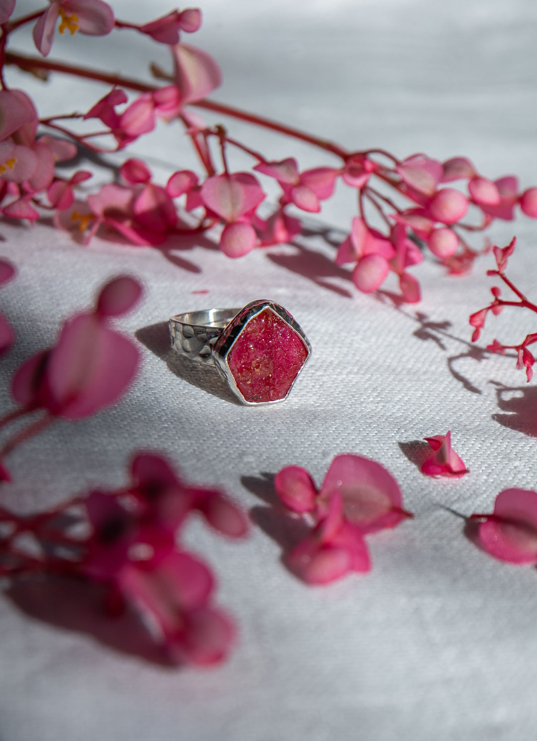 Raw Ruby Ring in Beaten Sterling Silver Setting - Adjustable Ring