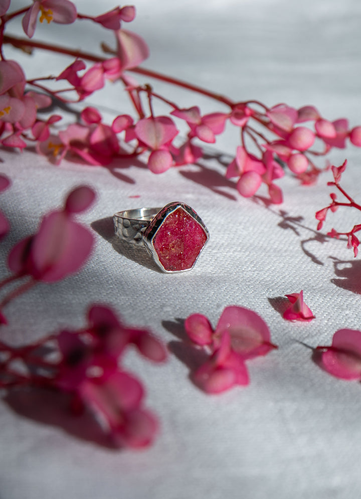 Raw Ruby Ring in Beaten Sterling Silver Setting - Adjustable Ring