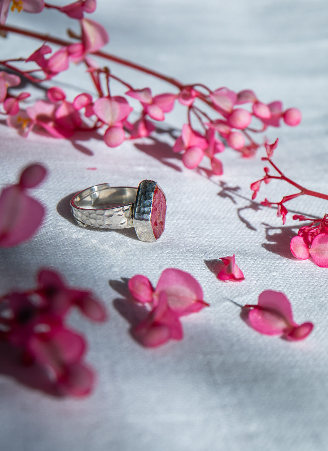 Raw Ruby Ring in Beaten Sterling Silver Setting - Adjustable Ring