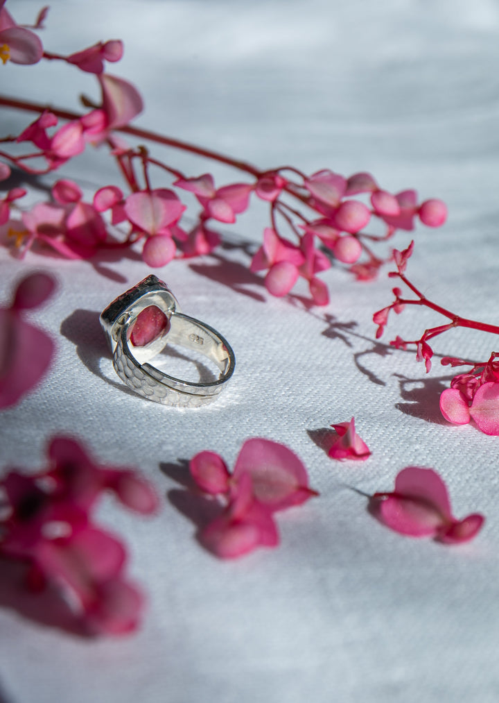 Raw Ruby Ring in Beaten Sterling Silver Setting - Adjustable Ring