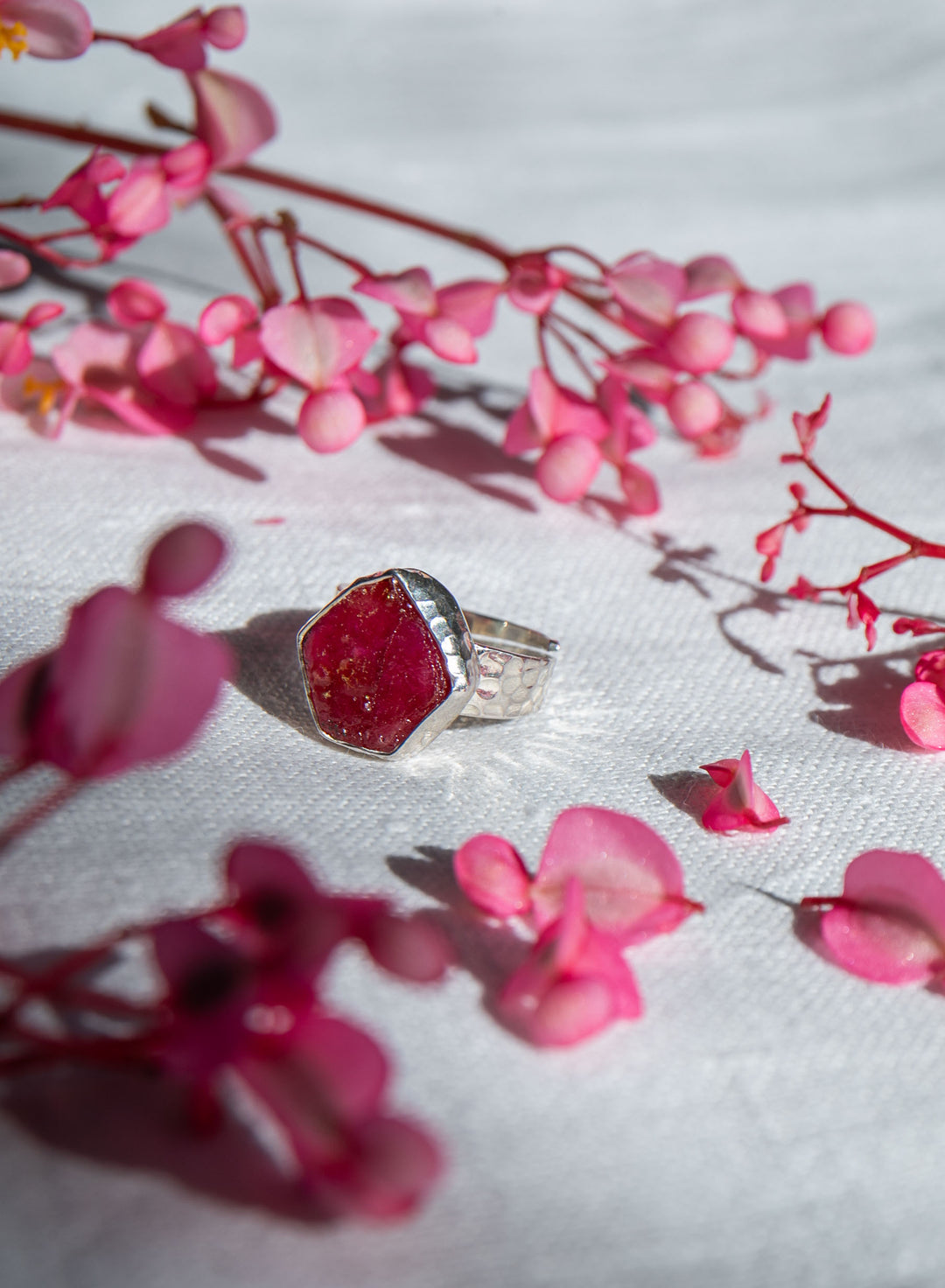 Raw Ruby Ring in Beaten Sterling Silver Setting - Adjustable Ring