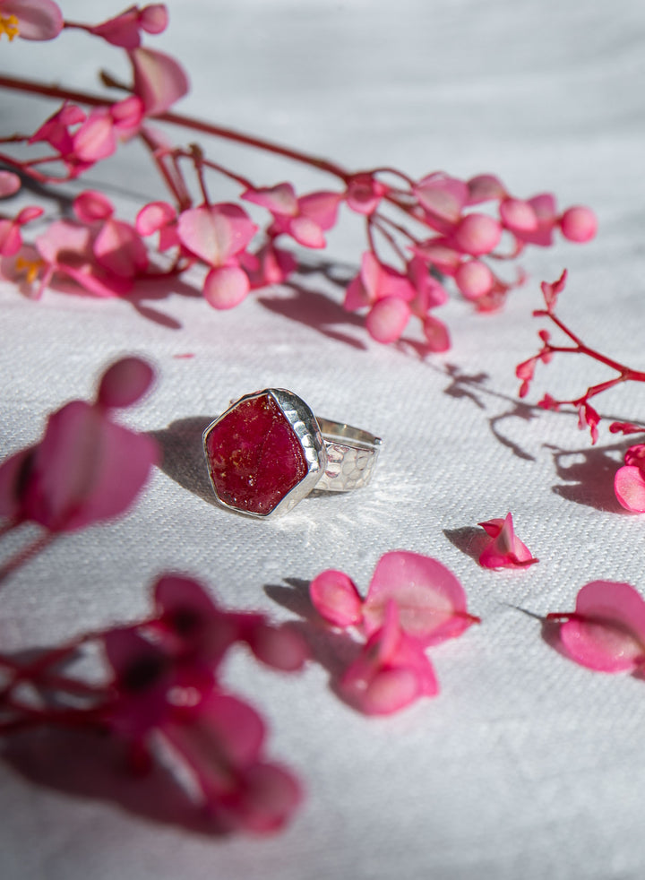 Raw Ruby Ring in Beaten Sterling Silver Setting - Adjustable Ring