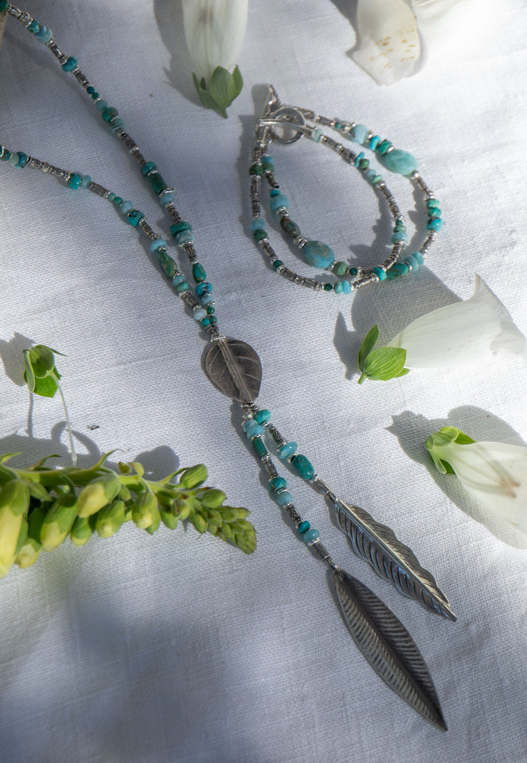 Larimar, Turquoise and Chrysocolla Necklace with Thai Hill Tribe Silver Leaves