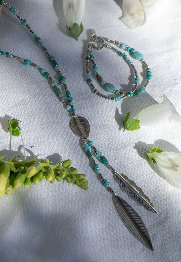 Larimar, Turquoise and Chrysocolla Necklace with Thai Hill Tribe Silver Leaves
