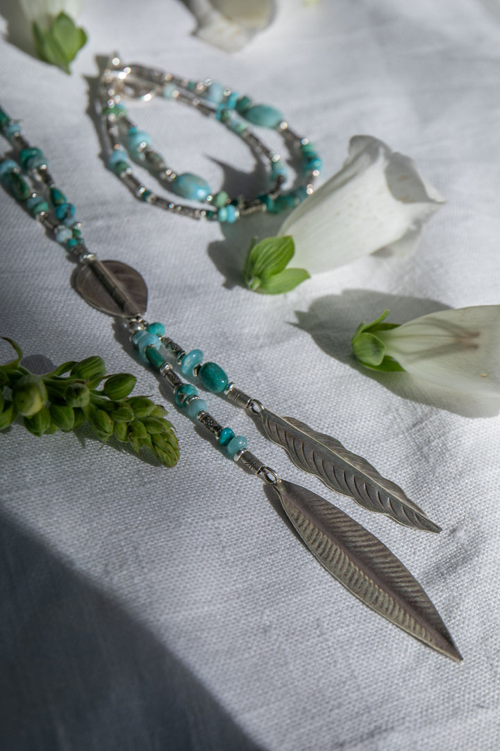 Double Turquoise, Larimar and Chrysocolla Bracelet with Thai Hill Tribe Silver Leaves