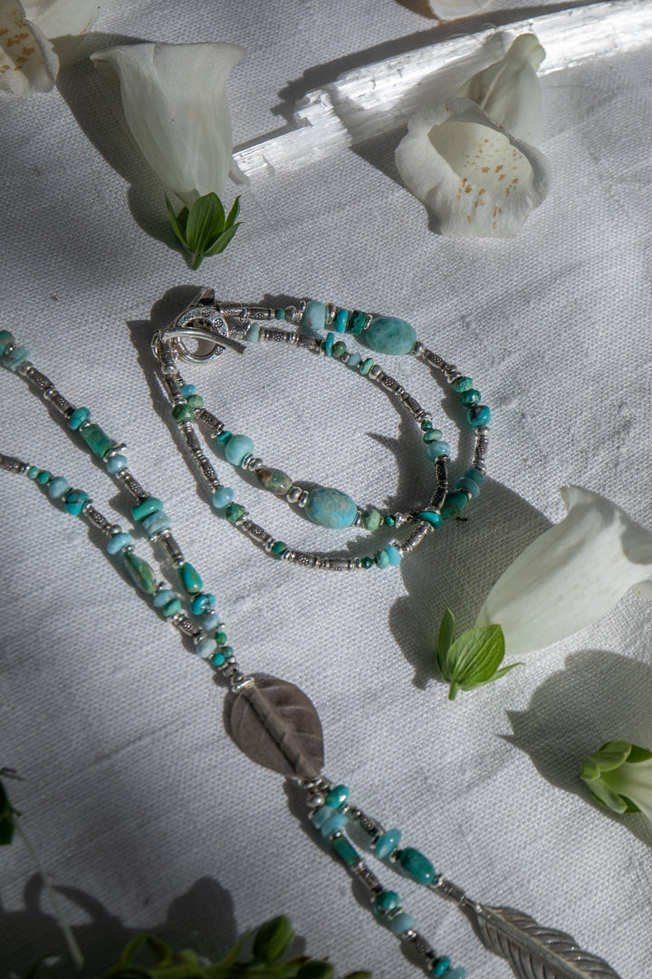 Double Turquoise, Larimar and Chrysocolla Bracelet with Thai Hill Tribe Silver Leaves