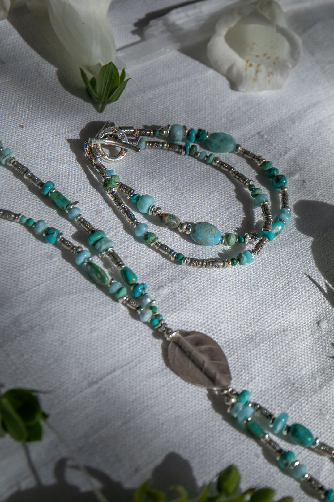 Double Turquoise, Larimar and Chrysocolla Bracelet with Thai Hill Tribe Silver Leaves