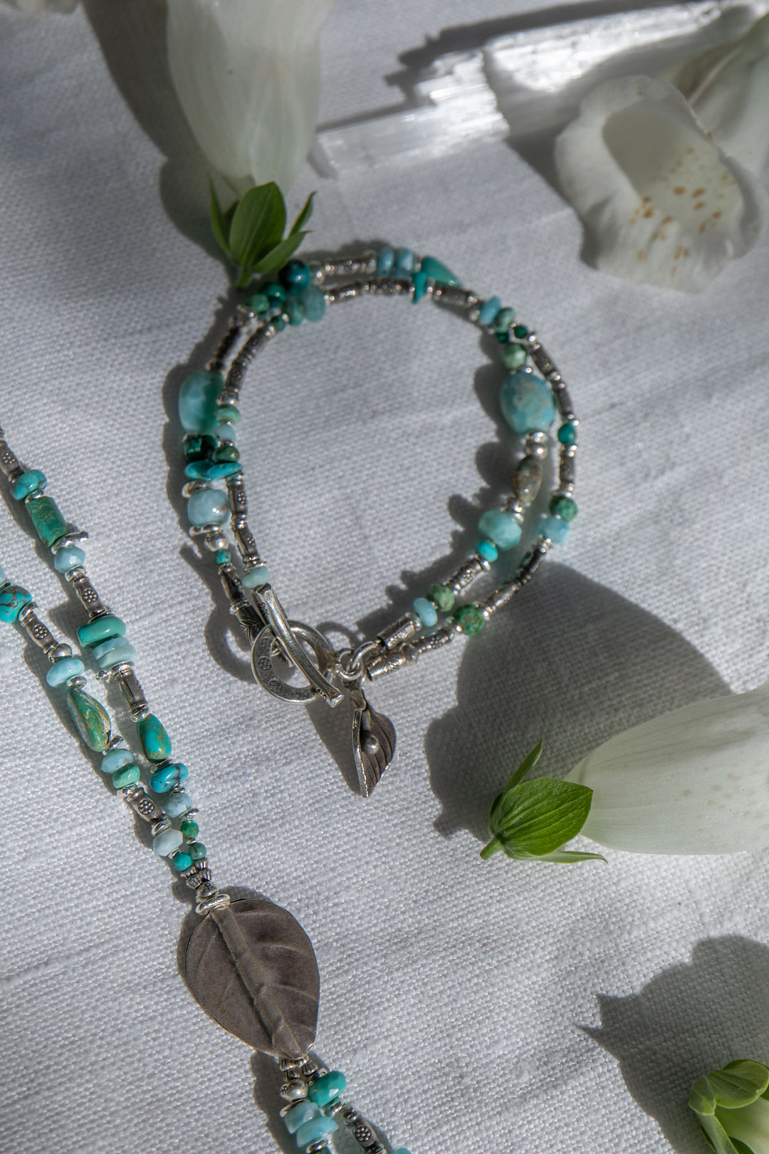Double Turquoise, Larimar and Chrysocolla Bracelet with Thai Hill Tribe Silver Leaves