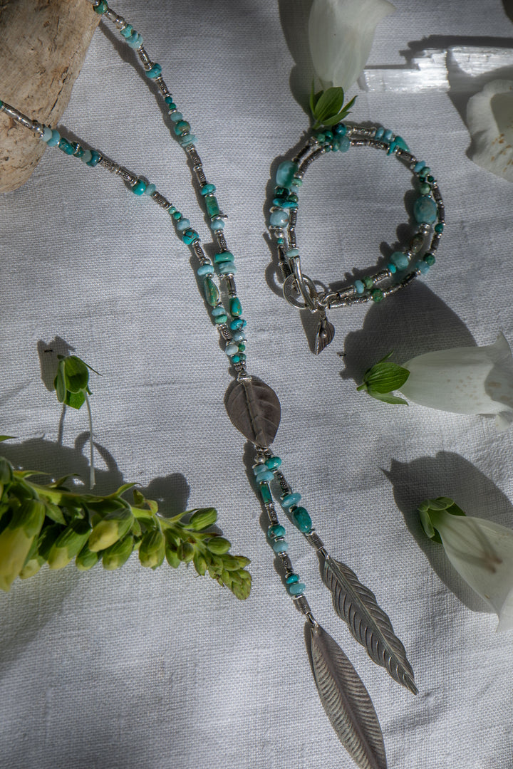 Larimar, Turquoise and Chrysocolla Necklace with Thai Hill Tribe Silver Leaves