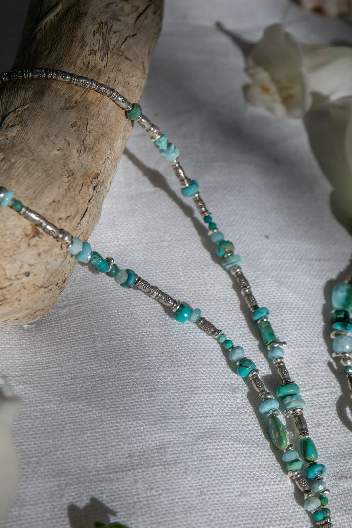Larimar, Turquoise and Chrysocolla Necklace with Thai Hill Tribe Silver Leaves