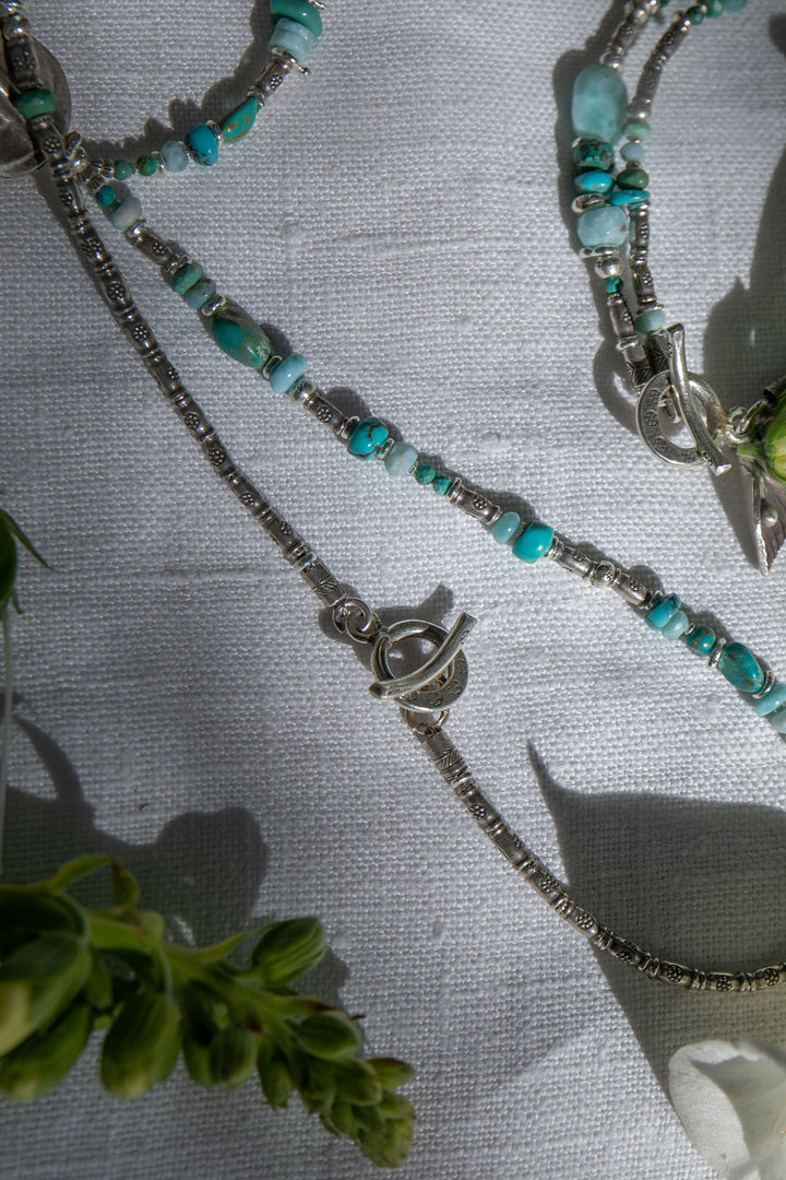 Larimar, Turquoise and Chrysocolla Necklace with Thai Hill Tribe Silver Leaves