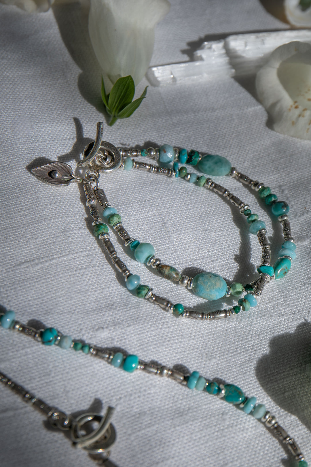 Double Turquoise, Larimar and Chrysocolla Bracelet with Thai Hill Tribe Silver Leaves