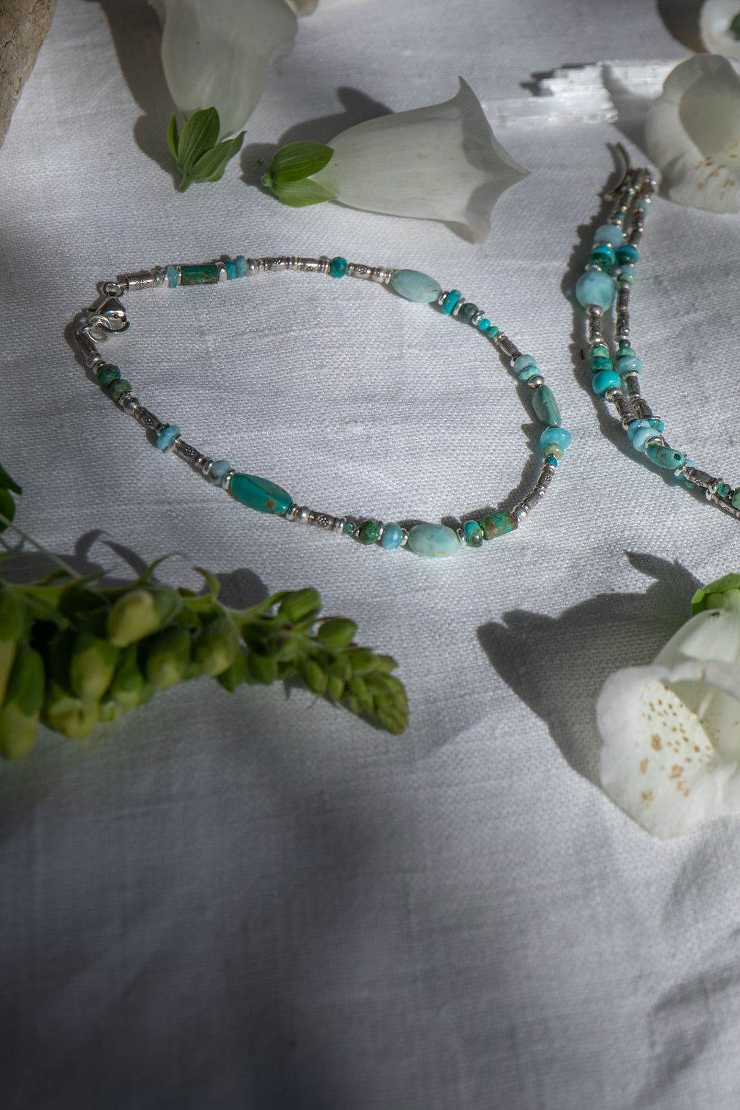 Beaded Larimar, Turquoise and Chrysocolla Anklet with Thai Hill Tribe Silver Beads