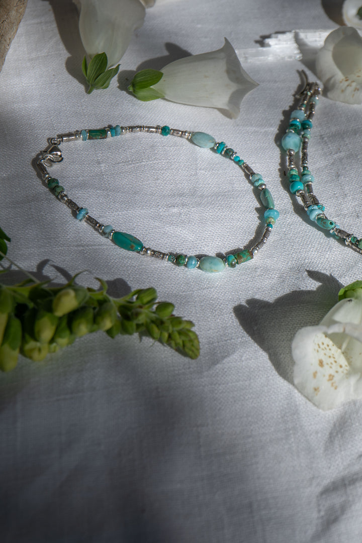 Beaded Larimar, Turquoise and Chrysocolla Anklet with Thai Hill Tribe Silver Beads