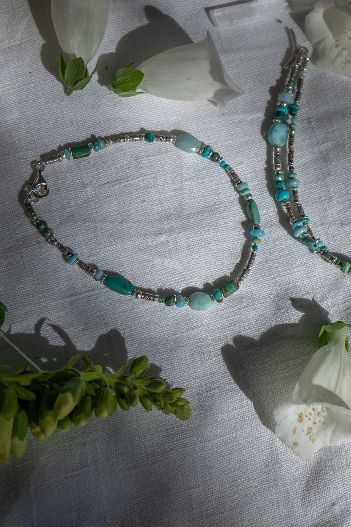 Beaded Larimar, Turquoise and Chrysocolla Anklet with Thai Hill Tribe Silver Beads