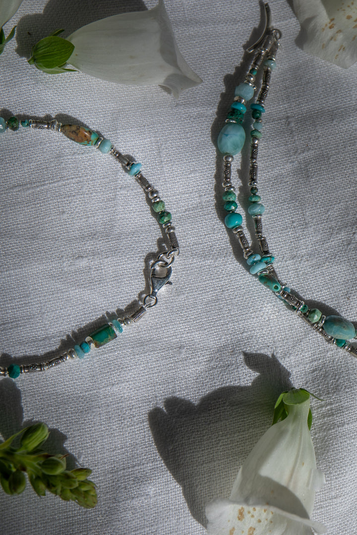 Beaded Larimar, Turquoise and Chrysocolla Anklet with Thai Hill Tribe Silver Beads