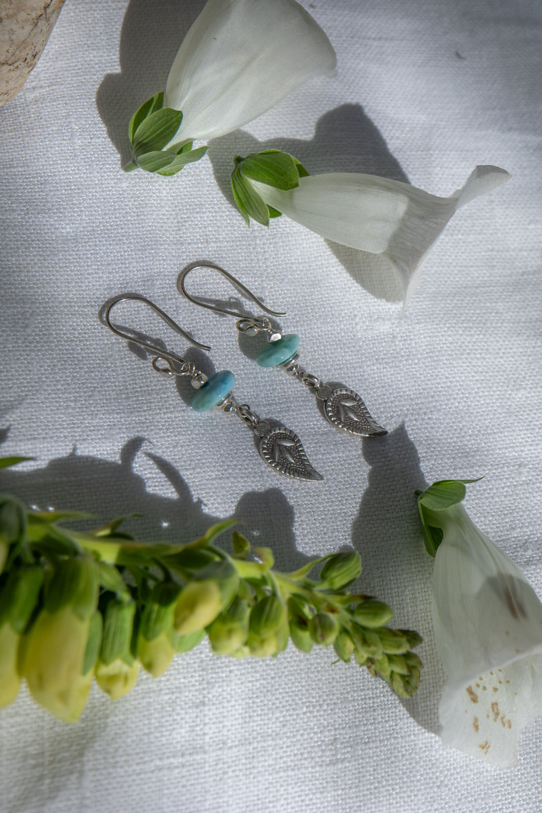 Larimar Earrings with Thai Hill Tribe Beads and Leaf Charm