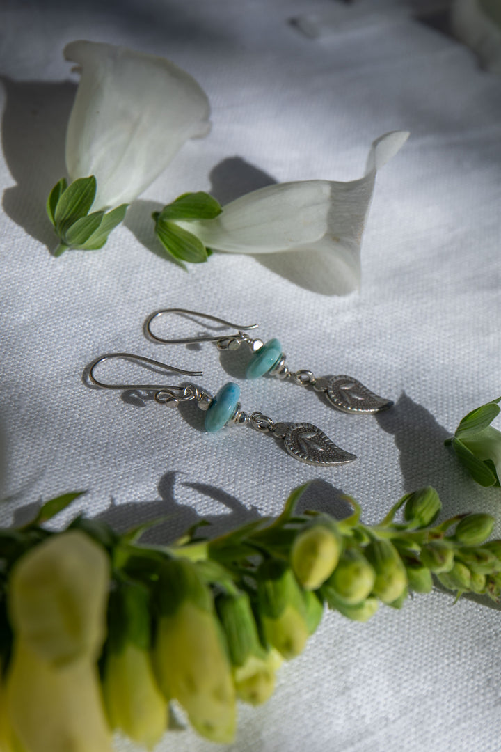 Larimar Earrings with Thai Hill Tribe Beads and Leaf Charm