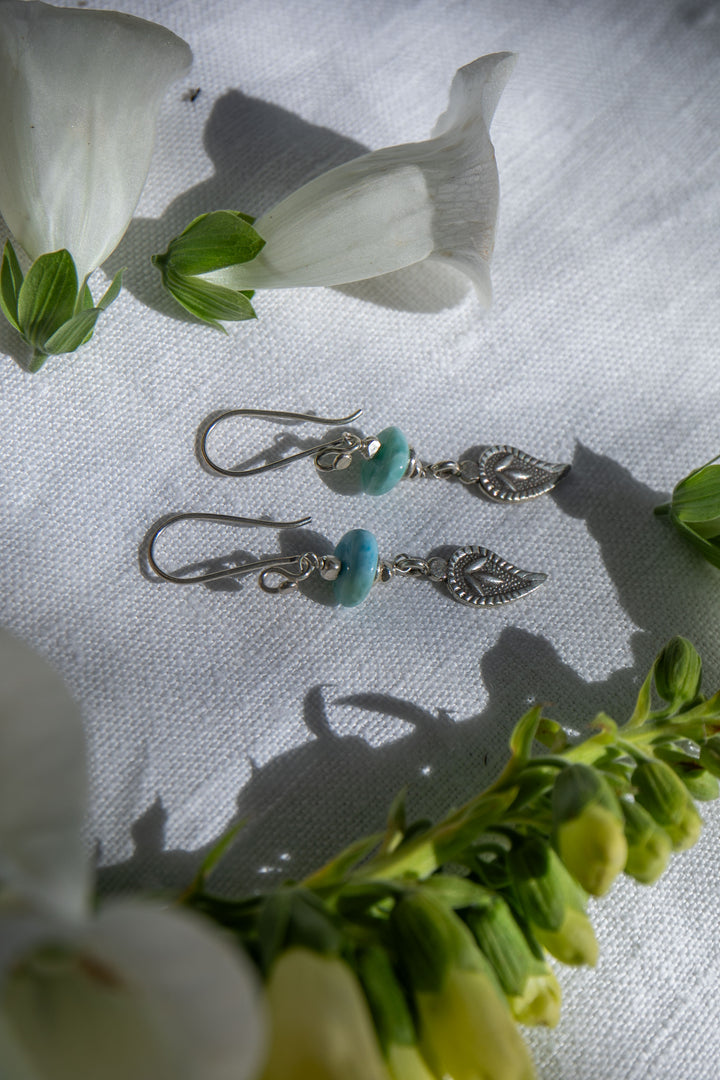 Larimar Earrings with Thai Hill Tribe Beads and Leaf Charm