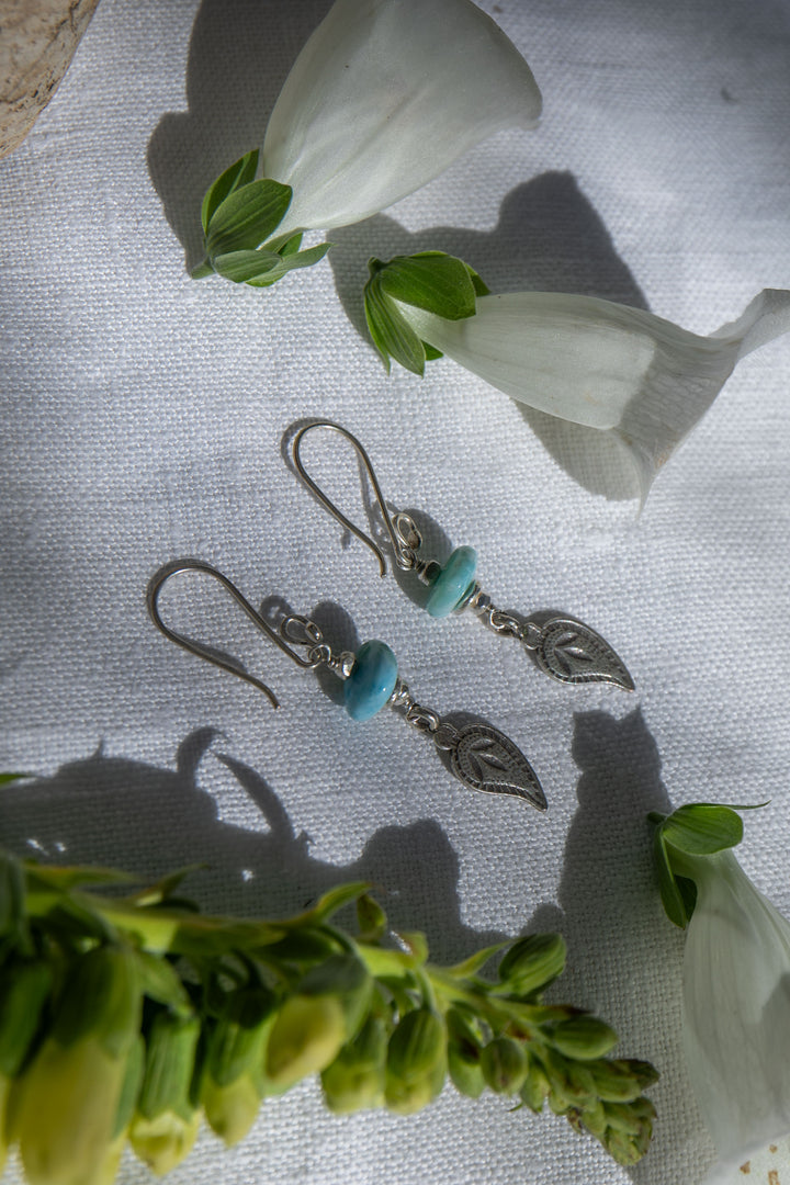 Larimar Earrings with Thai Hill Tribe Beads and Leaf Charm