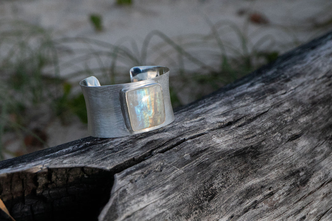 Statement Rainbow Moonstone Cuff Bangle in Brushed Sterling Silver