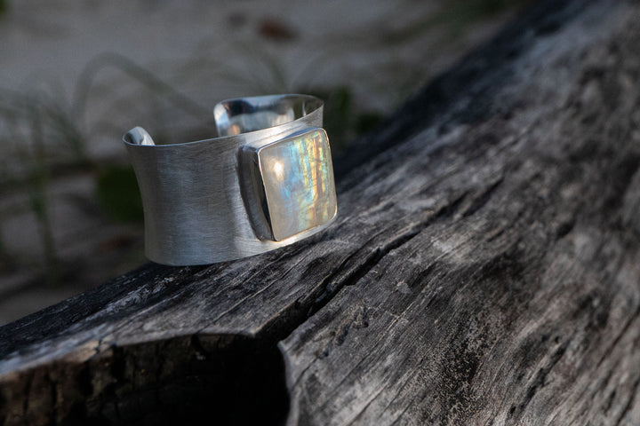 Statement Rainbow Moonstone Cuff Bangle in Brushed Sterling Silver