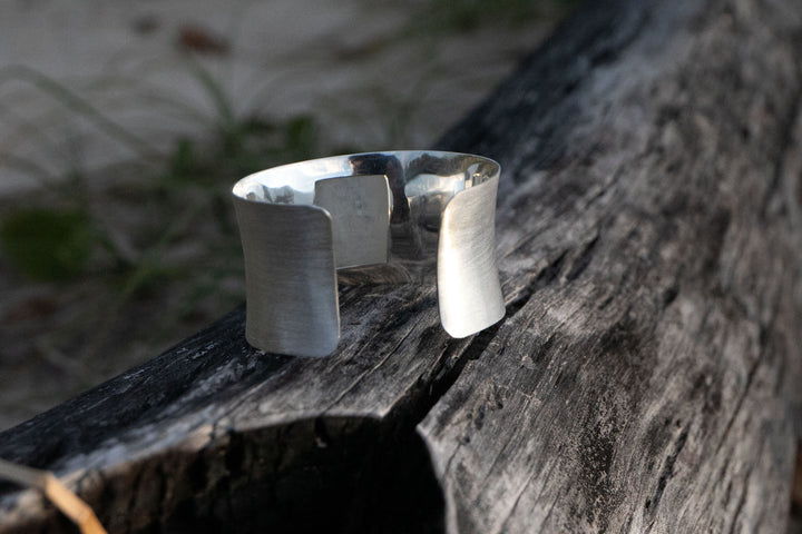 Statement Rainbow Moonstone Cuff Bangle in Brushed Sterling Silver