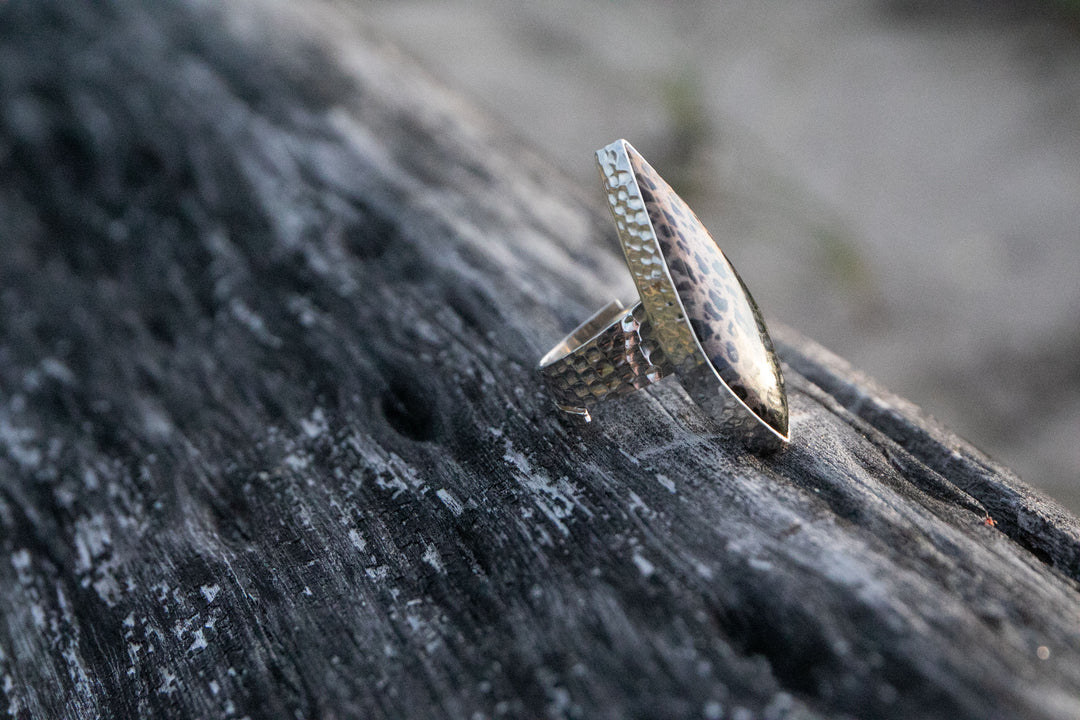 Palm Root Fossil Ring in Beaten Sterling Silver - Adjustable