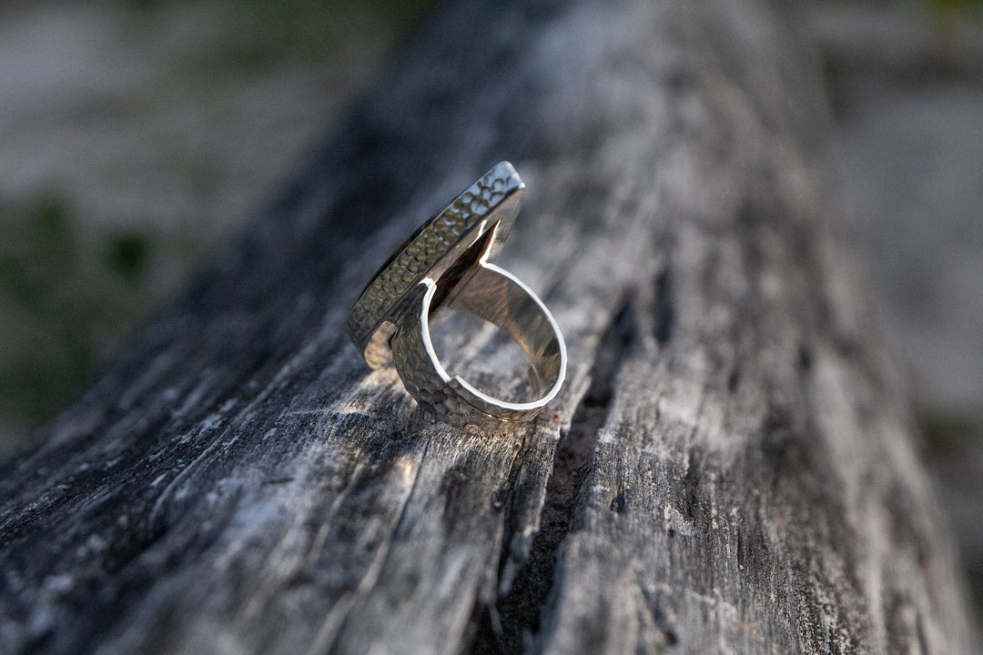 Palm Root Fossil Ring in Beaten Sterling Silver - Adjustable