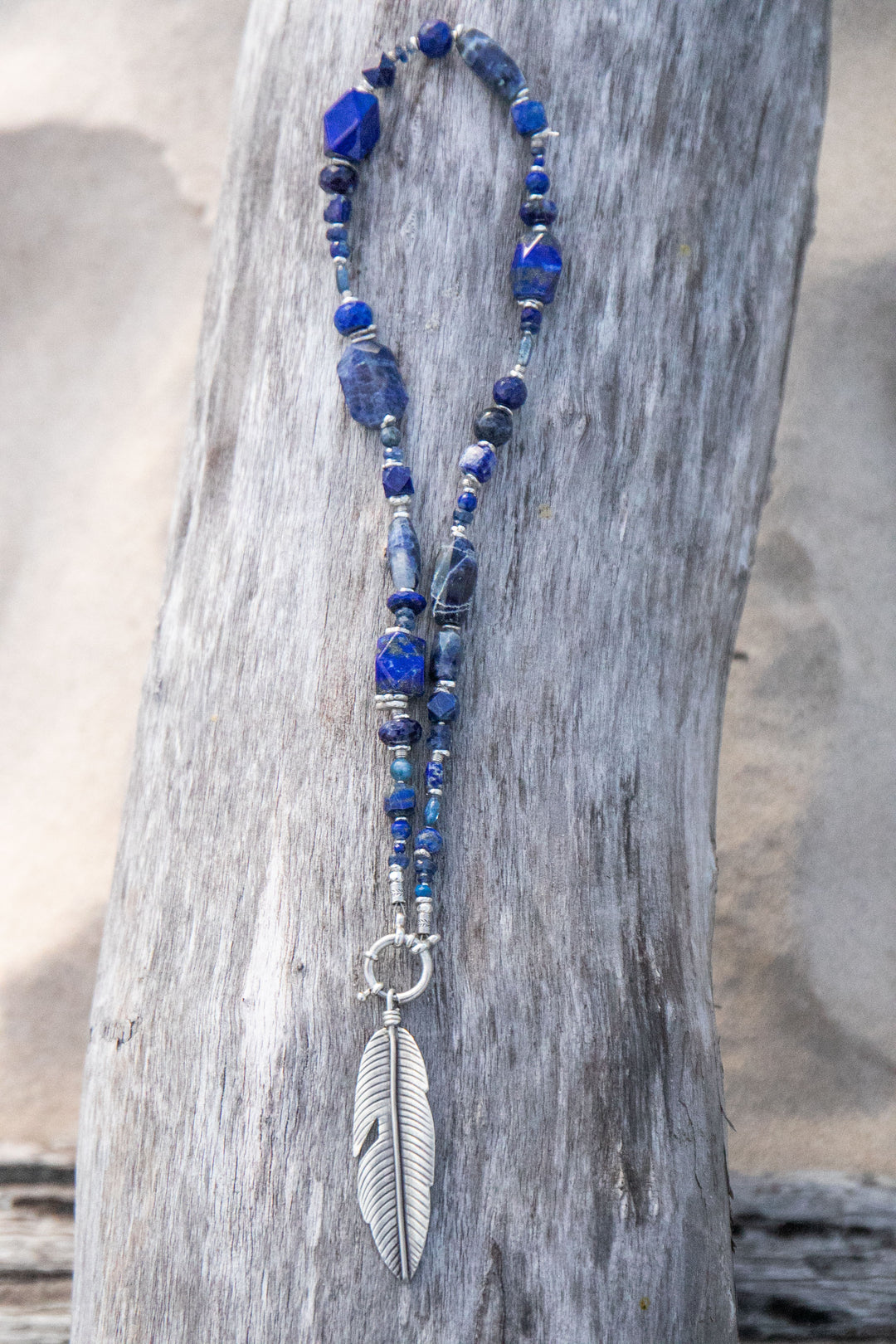 Lapis, Sodalite Multi Stone Necklace with Thai Hill Tribe Silver and Leaf Pendant