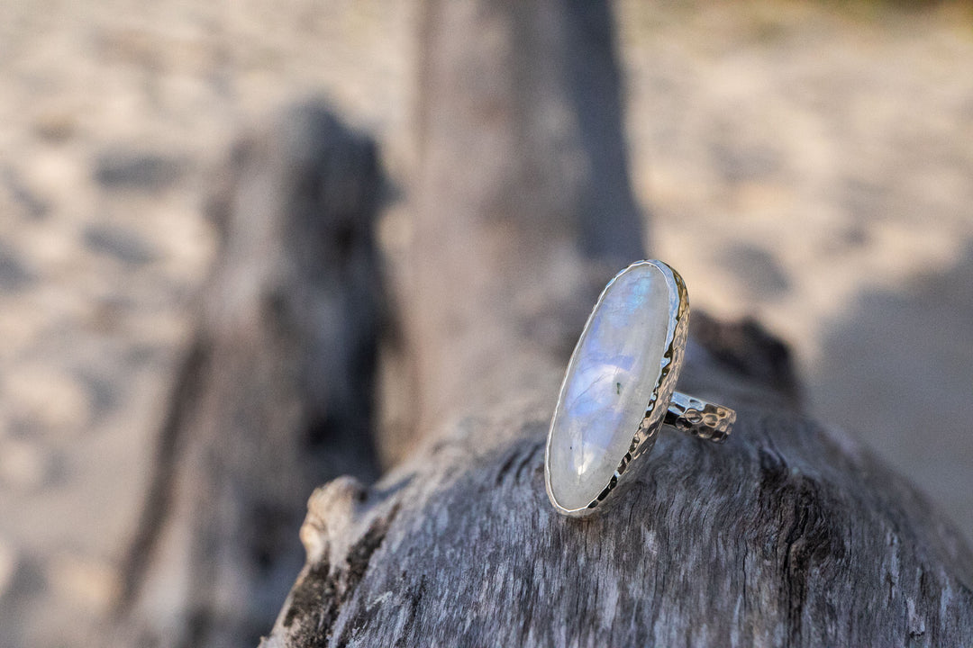 Statement Rainbow Moonstone Ring in Beaten Sterling Silver Setting - Size 9 US