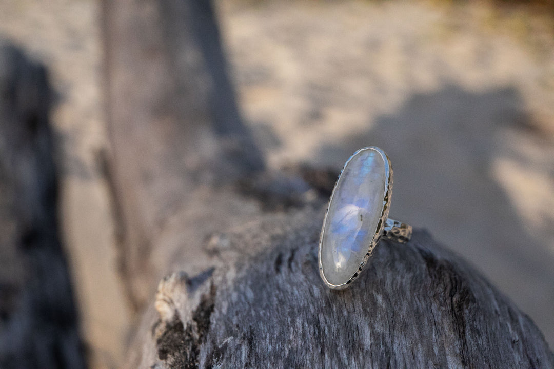 Statement Rainbow Moonstone Ring in Beaten Sterling Silver Setting - Size 9 US