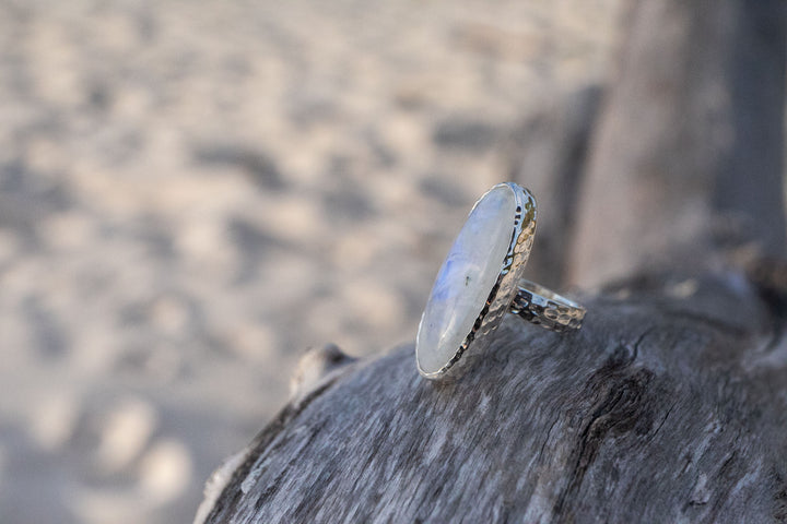 Statement Rainbow Moonstone Ring in Beaten Sterling Silver Setting - Size 9 US