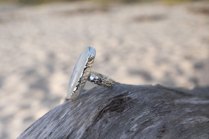 Statement Rainbow Moonstone Ring in Beaten Sterling Silver Setting - Size 9 US