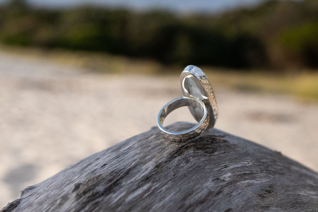 Statement Rainbow Moonstone Ring in Beaten Sterling Silver Setting - Size 9 US