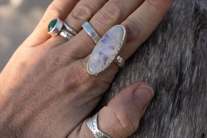 Statement Rainbow Moonstone Ring in Beaten Sterling Silver Setting - Size 9 US