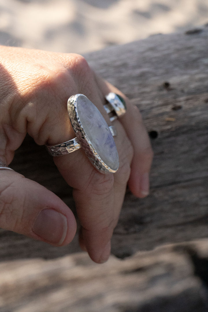 Statement Rainbow Moonstone Ring in Beaten Sterling Silver Setting - Size 9 US