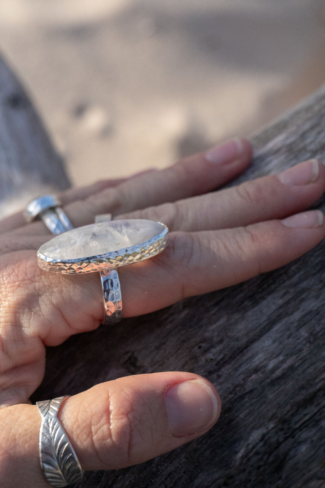 Statement Rainbow Moonstone Ring in Beaten Sterling Silver Setting - Size 9 US