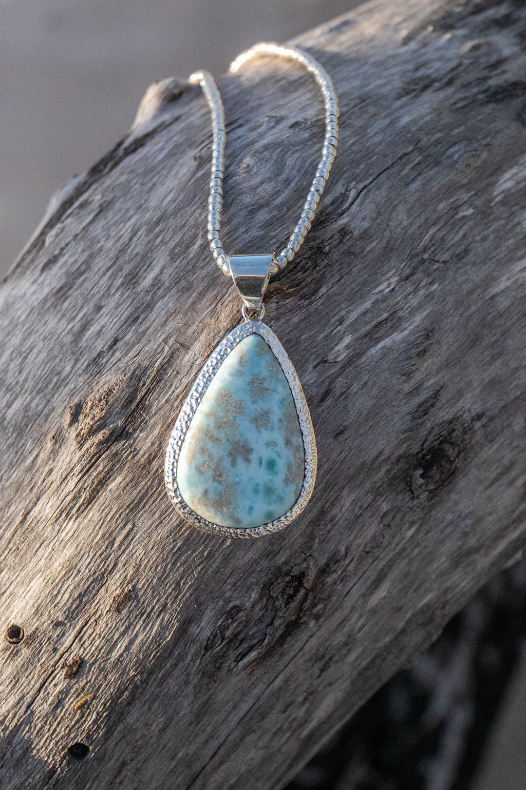 Larimar Pendant in Unique Bezel Silver Setting