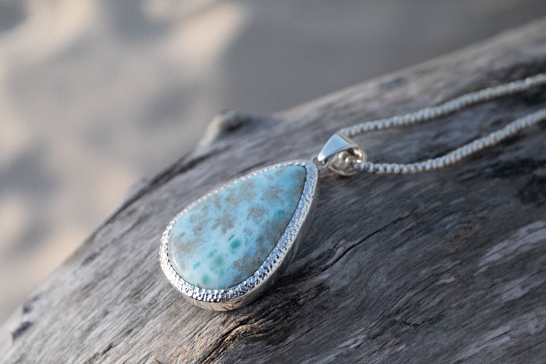 Larimar Pendant in Unique Bezel Silver Setting