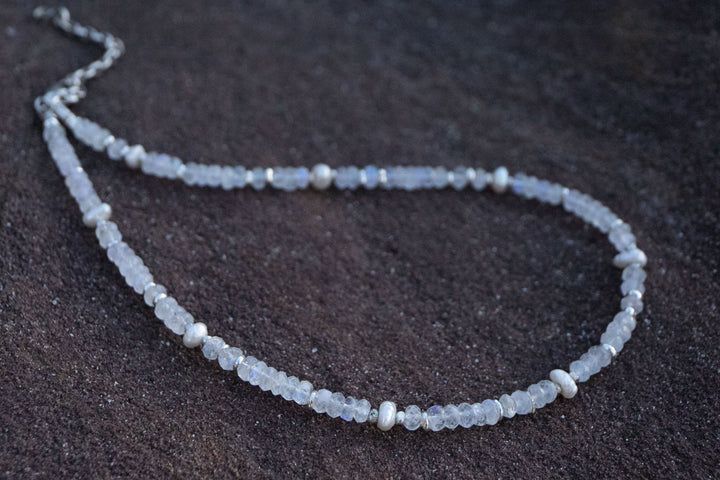 Freshwater Pearl, Rainbow Moonstone and Thai Hill Tribe Silver Choker Necklace