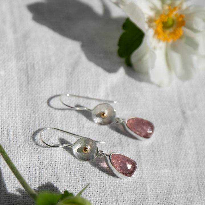 Rose Cut Pink Tourmaline Earrings in Sterling Silver with Gold Detail