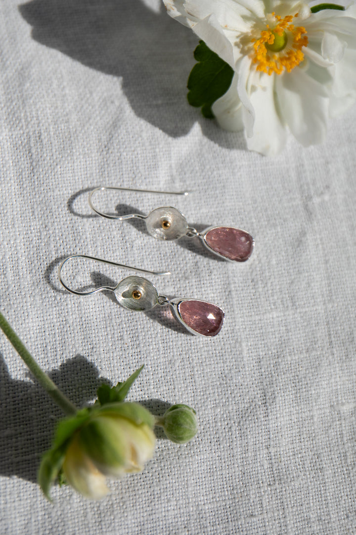 Rose Cut Pink Tourmaline Earrings in Sterling Silver with Gold Detail