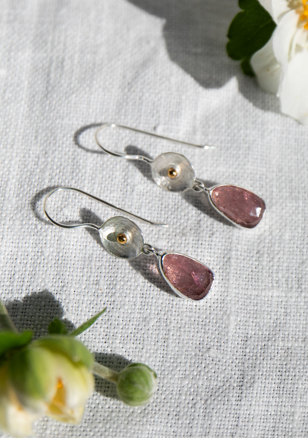 Rose Cut Pink Tourmaline Earrings in Sterling Silver with Gold Detail