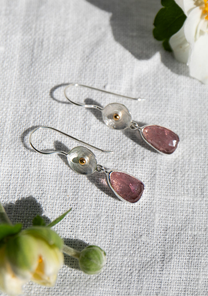 Rose Cut Pink Tourmaline Earrings in Sterling Silver with Gold Detail